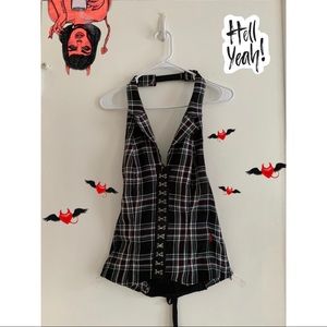Plaid neck hoist corset with with side zipper